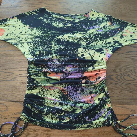 Julian Chang Abstract Art colorful Ruched Drawstring Mini Dress Dolman sleeves M - Picture 13 of 16